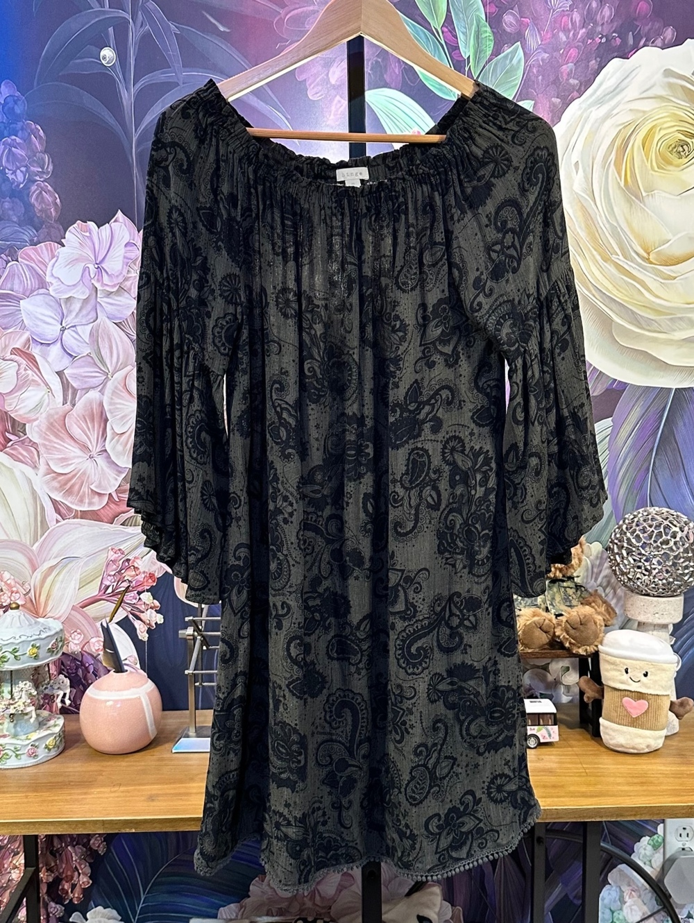 Hinge M Paisley Dress Whimsigoth Boho Off Shoulder Bell Sleeve Dark Olive Black